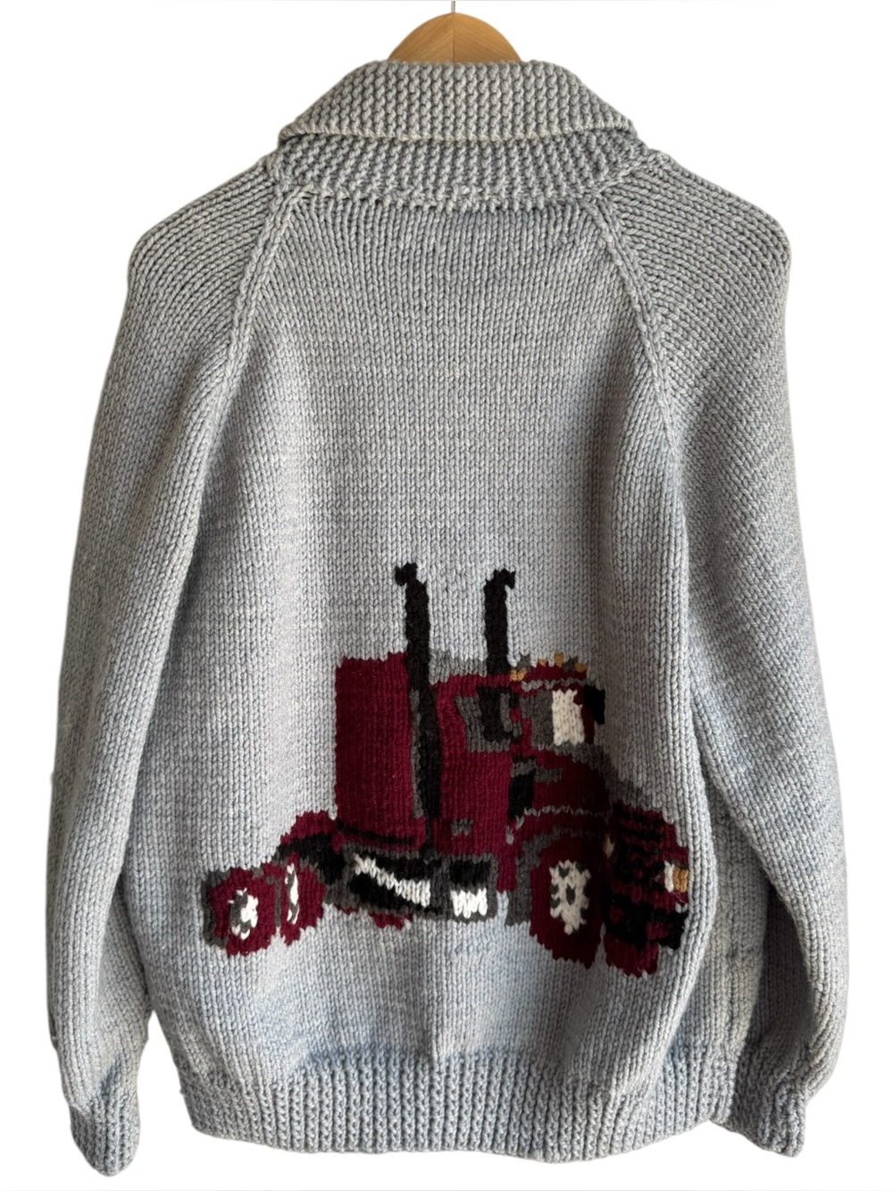 Hand Knit Semi Truck Cardigan Sweater Unisex L/XL Full Zip Chunky Knit Trucker